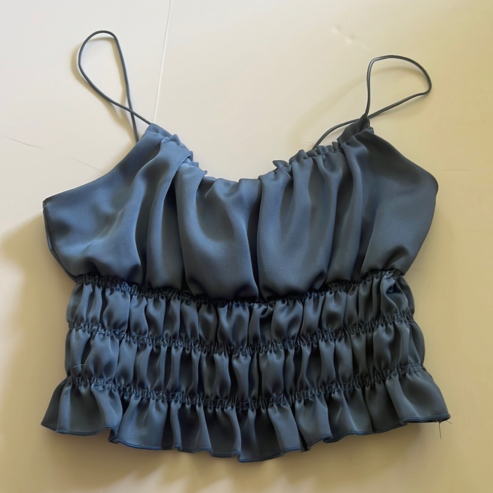 Olive Tree Blue Satin Cropped Tank Top
